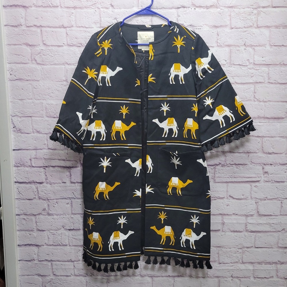 Kate‎ Spade Spice Things Up Camel Jacket Size 10 Open Front Tassel Fringe Long